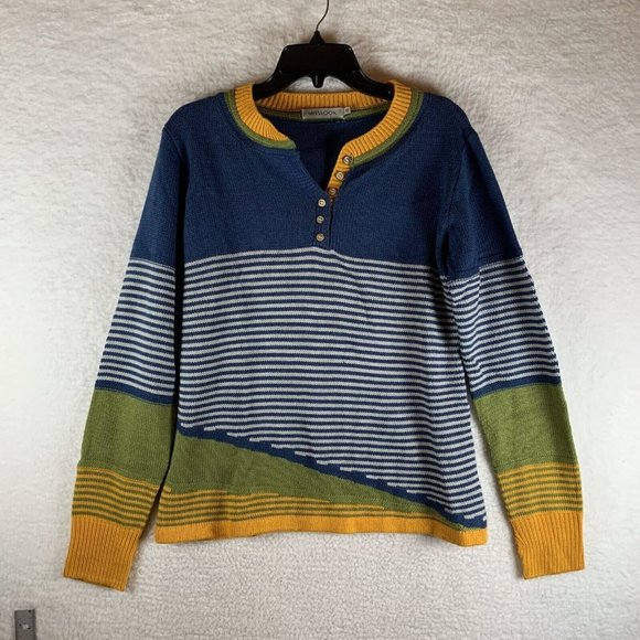 Misslook Sweater Women's Medium Multicolor Striped Cotton Knit Henley Neck 8161 - Picture 1 of 7